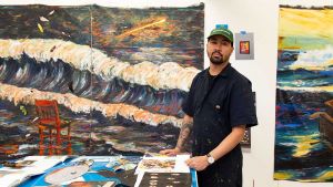 To coincide with his first UK exhibition, Agua Salada at Hauser & Wirth Somerset, Angel Otero talked to us about his practice. Though his imagery is linked to childhood memories of Puerto Rico, you will also find dentures, crabs and eyes, he says, and his unusual style of painting means he never knows what the finished work will be like