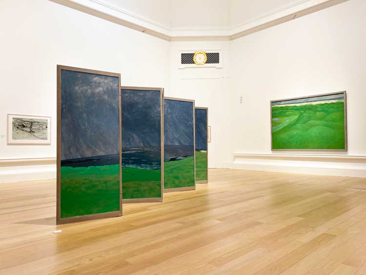 Frances Walker RSA, Atlantic Watch, 1995. Oil on plywood panel with screenprint, eight panel screen, 194 x 648 cm. RSA Collection.