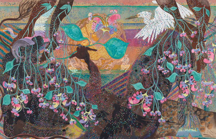 Chris Ofili, The Great Beauty, 2020-23. Oil and charcoal on linen, 200 x 310 cm (78 3/4 x 122 in). © Chris Ofili. Courtesy the artist and Victoria Miro.