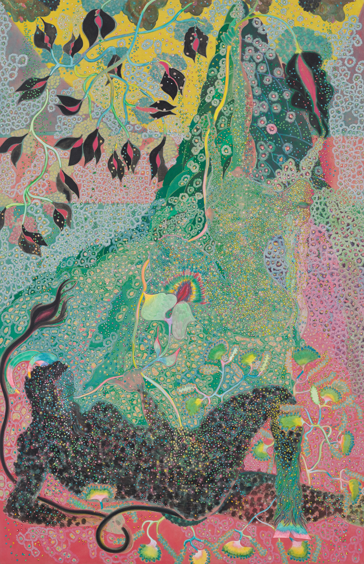 Chris Ofili, The Swing, 2020-23. Oil and charcoal on linen, 310 x 200 cm (122 x 78 3/4 in). © Chris Ofili. Courtesy the artist and Victoria Miro.