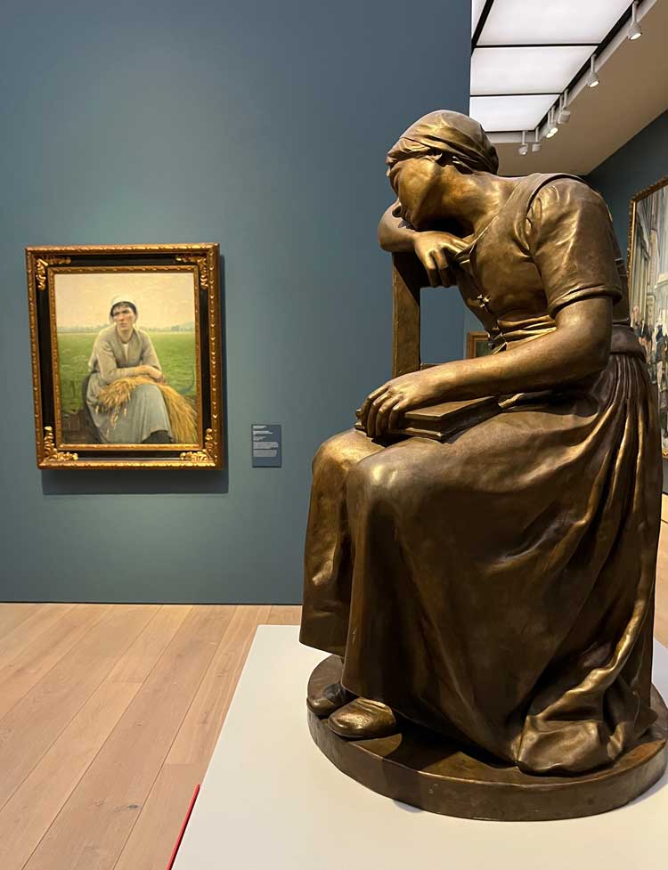 Peasant life celebrated. Painting by Asta Norregaard, Peasant Woman from Normandy, 1889. Sculpture by Mathias Skeibrok, Weary, 1882. Photo: Veronica Simpson.