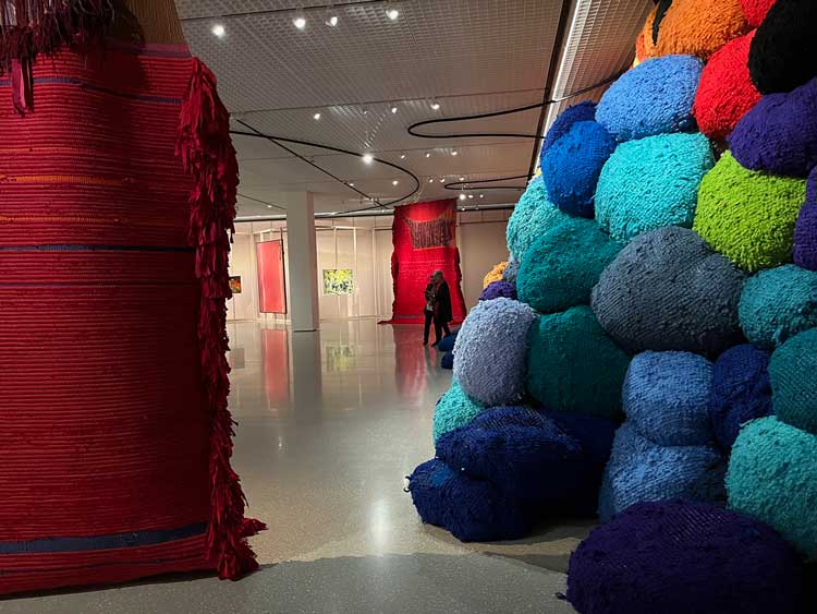 Sheila Hicks pom poms (Escalade Beyond Chromatic Lands 2016/17), installation view for temporary exhibition titled The Pillars. Photo: Veronica Simpson.