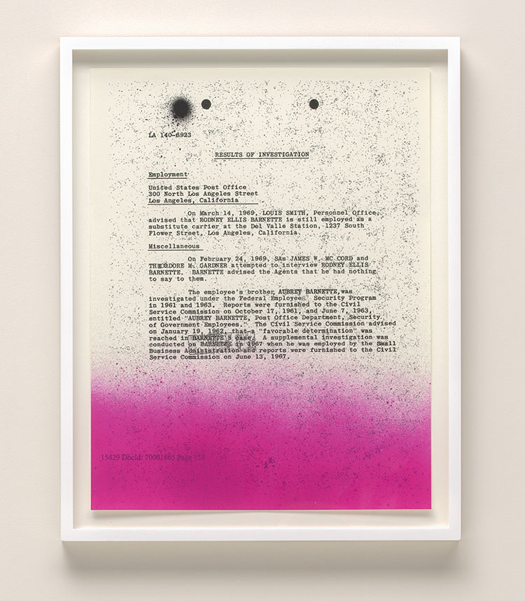 Sadie Barnette. My Father's FBI File; Government Employees Installation, 2017 (detail). Five inkjet prints, edition 3/5, 22 x 17 in (55.9 x 43.2 cm) each. Solomon R. Guggenheim Museum, New York.