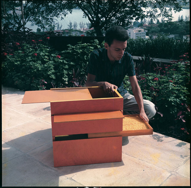 Hélio Oiticica,  B11 Box Bólide 9 (B11 Bólide caixa 9 ) at Rua Engenheiro Alfredo Duarte, Rio de Janeiro, 1964. Oil with polyvinyl acetate emulsion on wood and glass, pigment, 19 5/8 × 19 11/16 × 13 3/8 in. (49.8 × 50 × 34 cm). Tate, London; purchased with assistance from the American Fund for the Tate Gallery, Tate Members and the Art Fund, 1970. Photograph by Desdémone