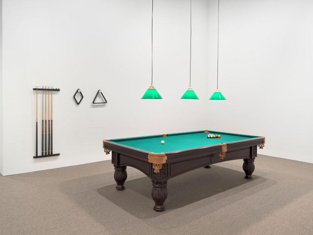 Hélio Oiticica. Installation view.  Appropriation—Snooker Room, after Van Gogh’s Night Café (Apropriação—Mesa de bilhar, d’aprés O Café Noturno de Van Gogh), 1966. Installation with billard table, wall rack and accessories. Exhibition copy from the César and Claudio Oiticica Collection, Rio de Janeiro. Photograph by Ron Amstutz