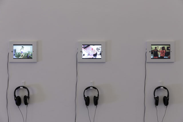 Left: Leo Gabin. Girls Room Dance, 2012. Digital video, 4:15 min. Centre: Leo Gabin. Hair Long, 2013. Digital video, 1:53 min. Right: Leo Gabin. Stackin, 2012. Digital video, 2:38 min. Photograph: Tim Bowditch .