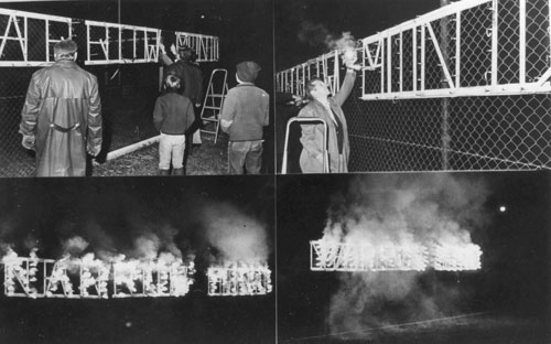 Dennis Oppenheim. Kunst als Lebenritual [Art as Living Ritual]. Firework display in a park in Graz, Monday 7 October 1974, 19.30. A photograph of the fireworks sign was shown in the gallery with the remaining wood construction. © Dennis Oppenheim, photograph courtesy Dennis Oppenheim studio.