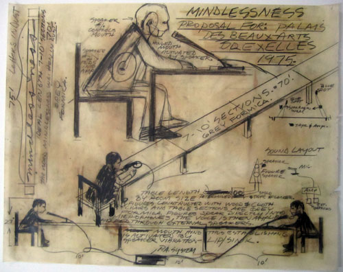 Dennis Oppenheim. Mindlessness, 1974. Proposal for Palais des Beaux-Arts, Brussels. Graphite on vellum, 48.3 x 61 cm.    
© Dennis Oppenheim.