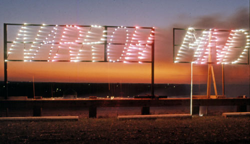 Dennis Oppenheim. Narrow Mind, 1974. Fireworks sign, location undisclosed. © Dennis Oppenheim, photograph courtesy Dennis Oppenheim studio.