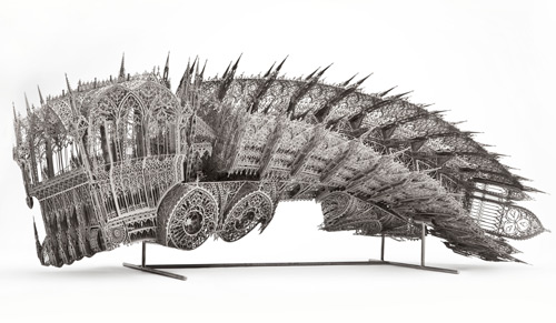 Wim Delvoye. Twisted Dump Truck (Counterclockwise, Scale model 1:5), 2011.   Nickel-plated lasercut steel.   Courtesy of Patricia Low Contemporary, Gstaad/St. Moritz. Photograph: Studio Wim Delvoye.