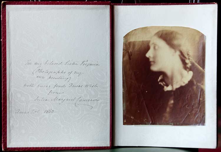 Julia Margaret Cameron, Red album gifted to Virginia by Julia Margaret Cameron, 1863, Photographs pasted onto paper, 37 x 28.5 cm. Eastnor Castle Collection.