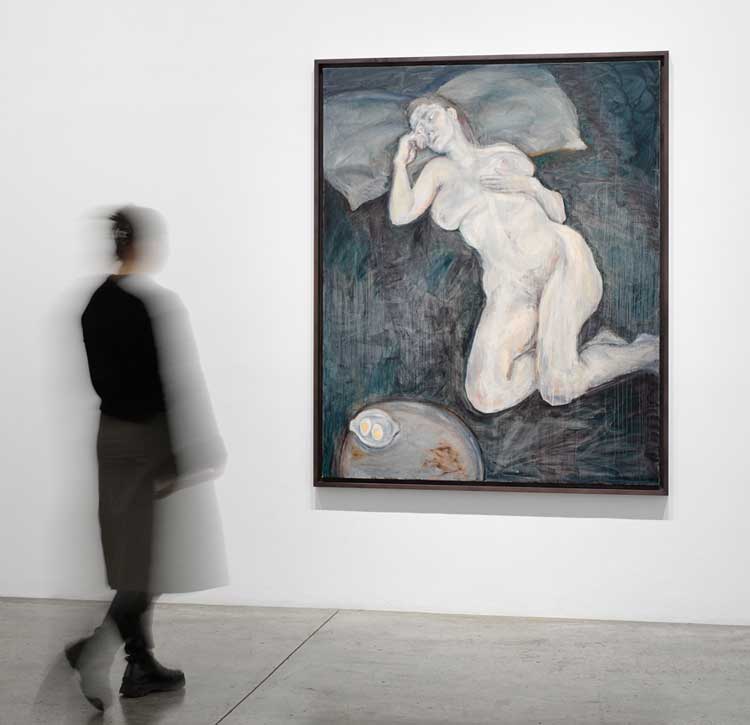 Celia Paul, Ghost of a Girl with an Egg, 2022. Installation view, Celia Paul: Colony of Ghosts, Victoria Miro, London, 14 March–17 April 2025. © Celia Paul. Courtesy the artist and Victoria Miro.