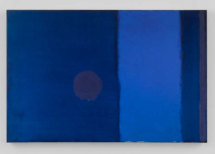 Patrick Heron, Vertical Blues with Disc: December 1962, 1962. Oil on canvas, 40 x 60 in (101.6 x 152.4 cm. Courtesy Hazlitt Holland-Hibbert, London, copyright © the artist.