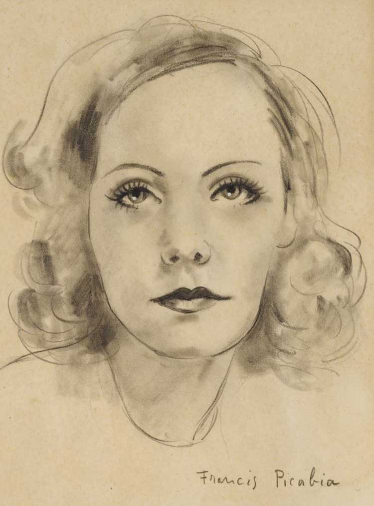 Francis Picabia. Untitled (Portrait de Greta Garbo), c1940–42. Gouache, charcoal, pencil on paper, 10 3/4 x 8 1/4 in (27 x 21 cm). © The Estate of Francis Picabia. Courtesy Michael Werner Gallery, New York and London.