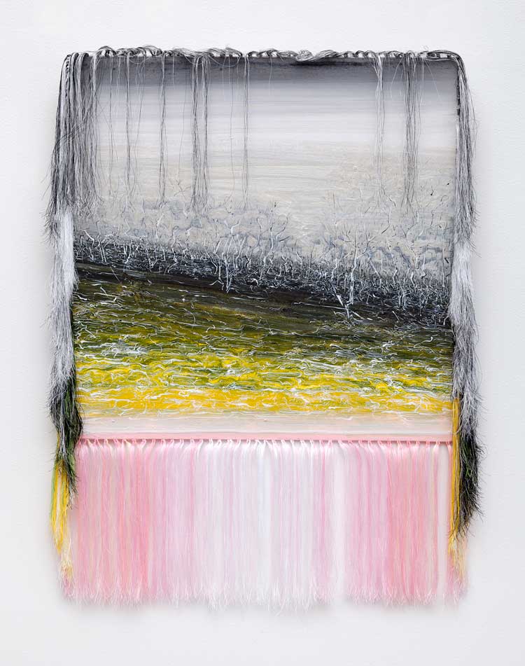 Outi Pieski, Silbajohka / Silver River, 2014. Acrylic on canvas, thread, 85 x 60 cm. Photo: Jussi Tiainen.