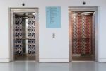 Wallpaper in the lifts, installation view, Jacqueline Poncelet: In the Making, Middlesbrough Institute of Modern Art (Mima), 2024. Photo: Jason Hynes.