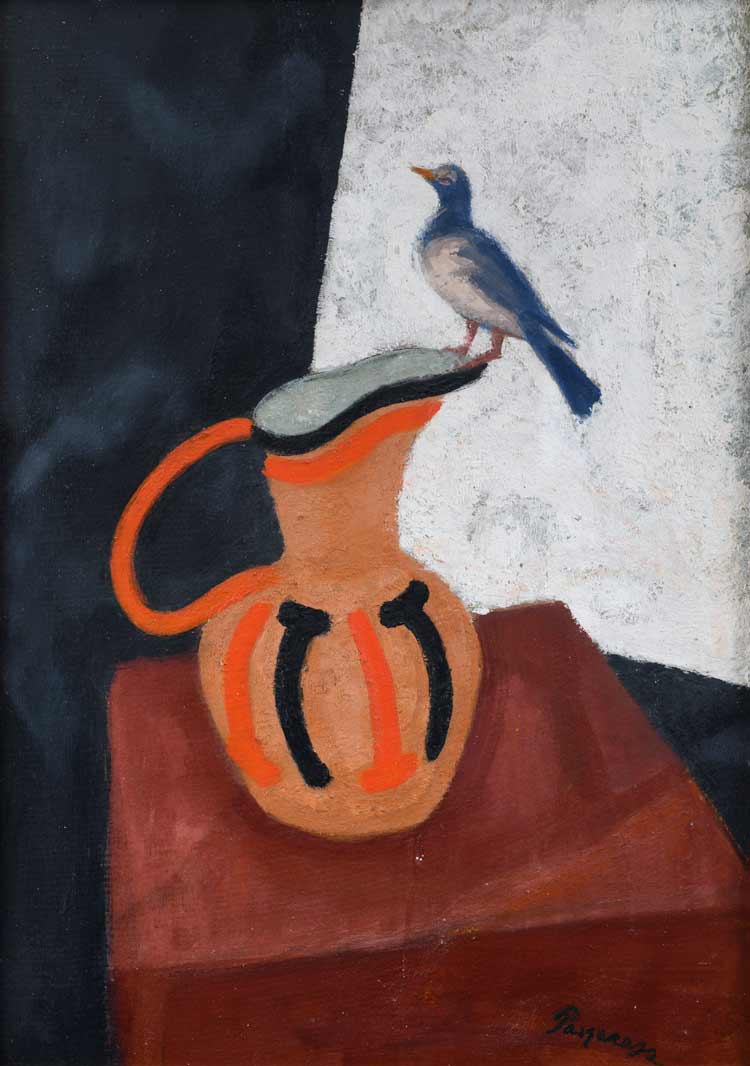 Pasquarosa. Jug and Little Bird, c1918-30. Oil on pressed cardboard, 68 x 48 cm. Courtesy Archivio Nino e Pasquarosa Bertoletti, Rome.