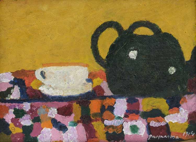 Pasquarosa. Teapot on a Rug, 1914. Oil on linen cardboard, 30 x 40 cm. Courtesy Archivio Nino e Pasquarosa Bertoletti, Rome.