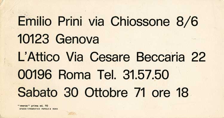 Invitation created by the artist for the exhibition Merce Tipo Standard, Galleria L’Attico, Rome, 1971. Courtesy Archivio Emilio Prini.