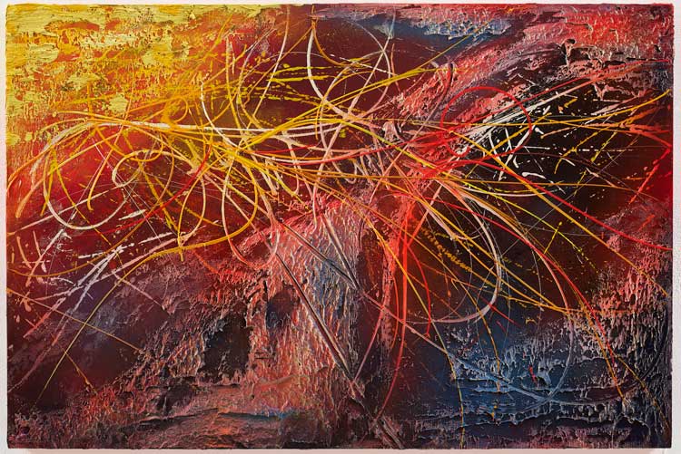 José Parlá. Pensive Shadows, 2023. Mixed media on canvas, 101.6 x 152.4 cm (40 x 60 in). Photo: Tyler Haft, courtesy Ben Brown Fine Arts.