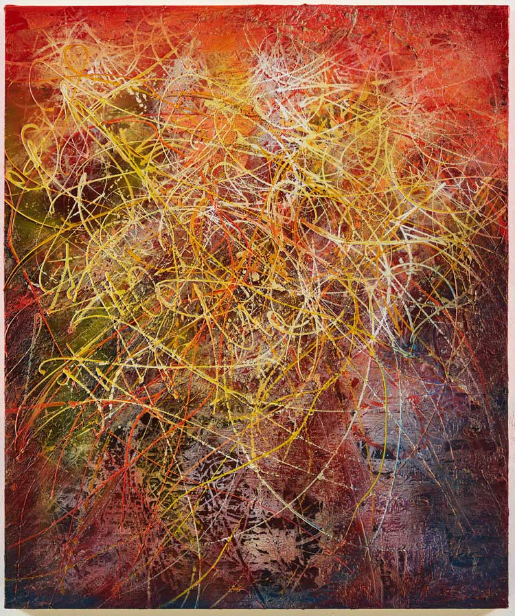 José Parlá. Refraction Hand Style, 2023. Mixed media on canvas, 182.9 x 152.4 cm (72 x 60 in). Photo: Tyler Haft, courtesy Ben Brown Fine Arts.