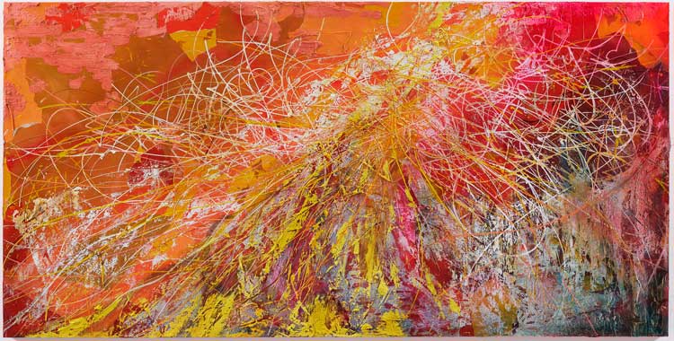 José Parlá. Seeing is Believing, 2023. Mixed media on canvas, 182.9 x 365.8 cm (72 x 144 in). Photo: Tyler Haft, courtesy Ben Brown Fine Arts.