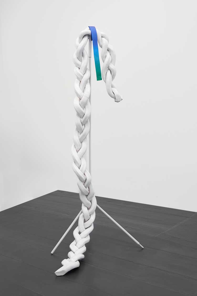 Elisa Giardina Papa, Braid #6. She was a thief of mother’s milk, 2023. Glazed majolica, iron stand, printed heavy-duty lashing strap with embroidery, 175 x 70 x 60 cm. Image courtesy Galerie Tanja Wagner, Berlin.