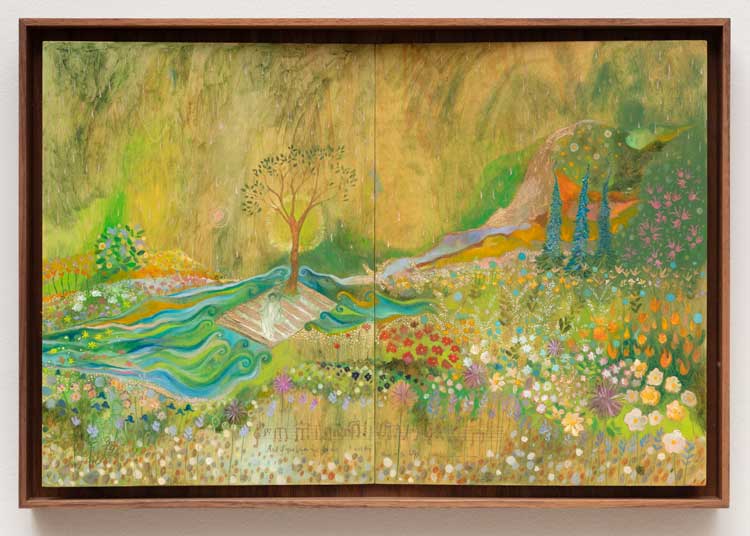 Rory Pilgrim, …f…g…. 10,000 flowers, 2022. Oil, crayon, and pencil on board, 30 x 45 cm. Turner Prize 2023, Towner Eastbourne. Collection Fries Museum, Leeuwarden. Photo: Angus Mill Photography.