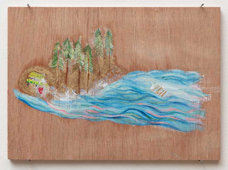 Rory Pilgrim, Rafts, 2020. Oil, pencil, nail polish, and body glitter on wooden panel, 10,2 x 15,2 cm. ABN AMRO Collection. Installation view, Turner Prize 2023, Towner Eastbourne. Photo: Angus Mill Photography.