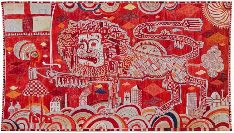Grayson Perry, Sacred Tribal Artefact, 2023. Tapestry, 200 x 350 cmn (78 3/4 x 137 3/4 in). © Grayson Perry. Courtesy the artist, Paragon | Contemporary Editions Ltd and Victoria Miro.
