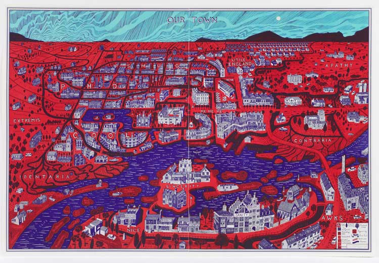 Grayson Perry, Our Town, 2022. Etching, 109 x 161 cm (42 ⅞ × 63 ⅜ in). © Grayson Perry. Courtesy the artist, Paragon | Contemporary Editions Ltd and Victoria Miro.