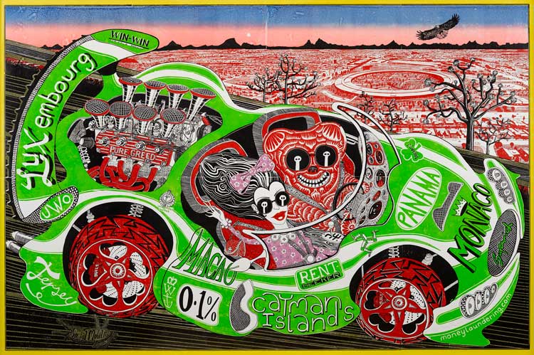 Grayson Perry, Sponsored by You, 2019. Woodblock print, 215 × 320 × 10 cm (84 ⅝ × 126 × 4 in). © Grayson Perry. Courtesy the artist, Paragon | Contemporary Editions Ltd and Victoria Miro. Photo: Jack Hems.