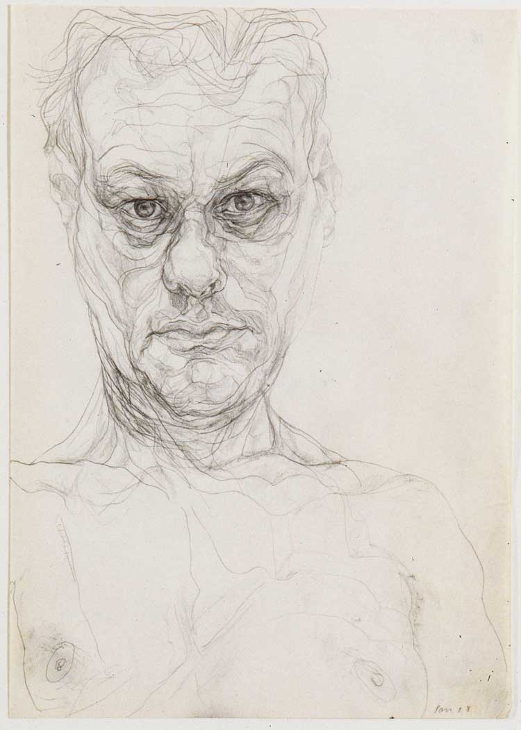 Mike Parr. One of 26 Untitled Self Portraits plus Portraits of F & C, 1981-96.  Photo: Fenn Hinchcliffe. Pencil on typing paper.