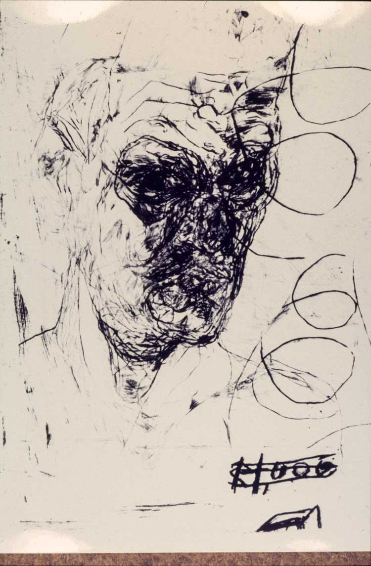 Mike Parr. One of 12 Untitled Self-Portraits [Set 2], 1990. Drypoint and foul-biting from copper, printed in black ink on 350gsm Hahnemuehle paper, each print 107 x 78 cm. Printer: John Loane. Photo: Garry Sommerfeld. Collections of National Gallery of Australia, National Portrait Gallery.