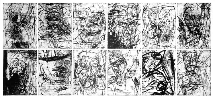 Mike Parr. Femalias (12 Untitled Self-Portraits) Set 5, 1992. 12 prints to be installed 1 -6 [top], 7 – 12 [bottom] in an exploded grid, each 108 x 78 cm. Drypoint and liftground aquatint printed in black ink from 24 copper on 350gsm Hahnemuehle paper. Printer: John Loane. Private Collection.