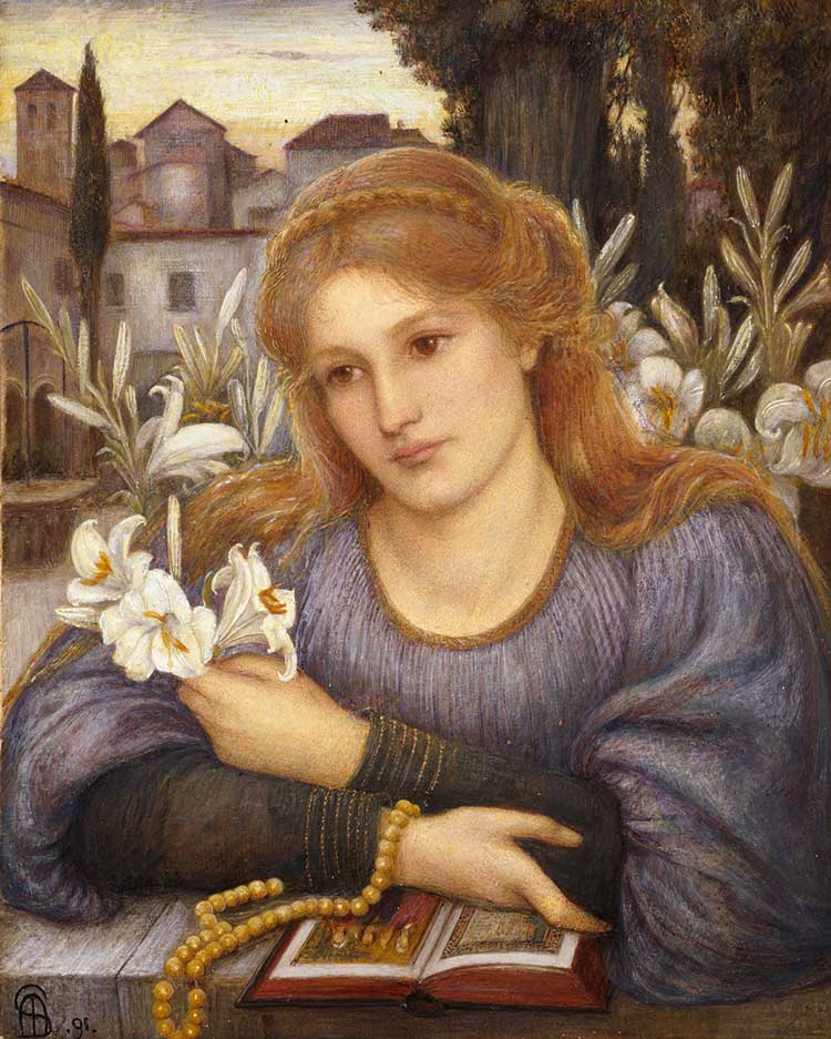 Marie Spartali Stillman. Cloister Lillies, 1891. Watercolour and bodycolour on paper, 45 × 36 cm. Ashmolean Museum, University of Oxford.