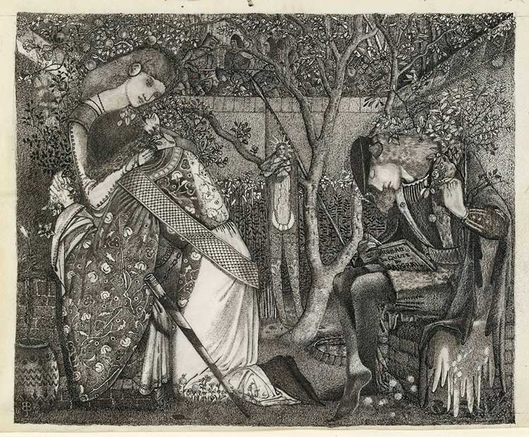 Sir Edward Coley Burne-Jones. The Knight’s Farewell, 1858. Pen and black ink over graphite on vellum, 17.6 × 24.2 cm. Ashmolean Museum, University of Oxford.