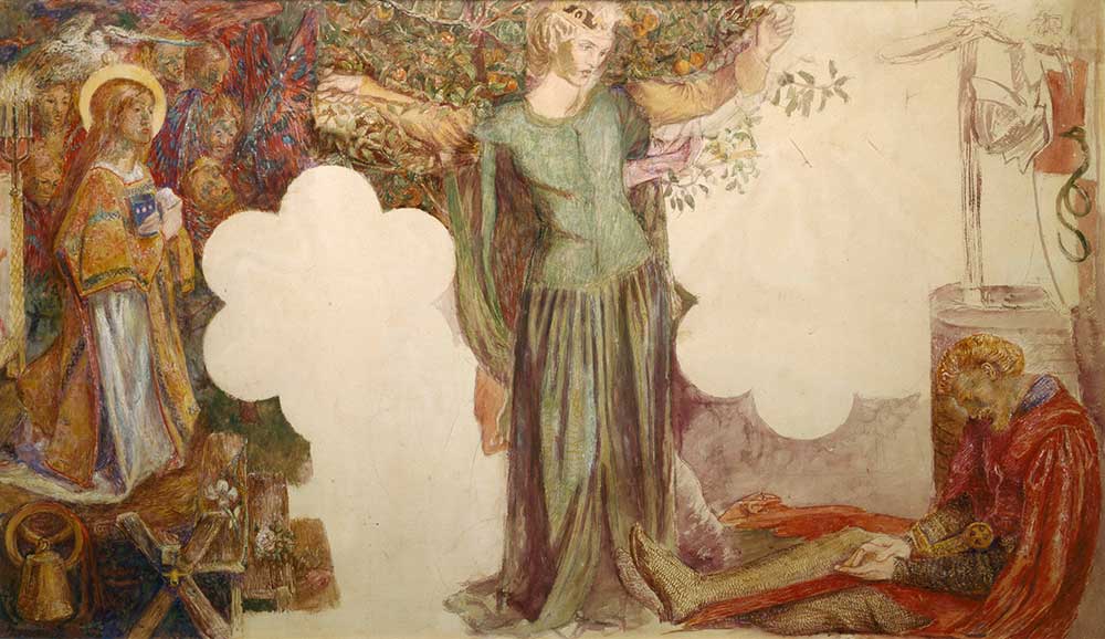Dante Gabriel Rossetti. Sir Lancelot’s Vision of the Sanc Grael: Study for Painting in the Oxford Union, 1857. Watercolour and bodycolour over black chalk on paper, 71 × 107 cm. Ashmolean Museum, University of Oxford.