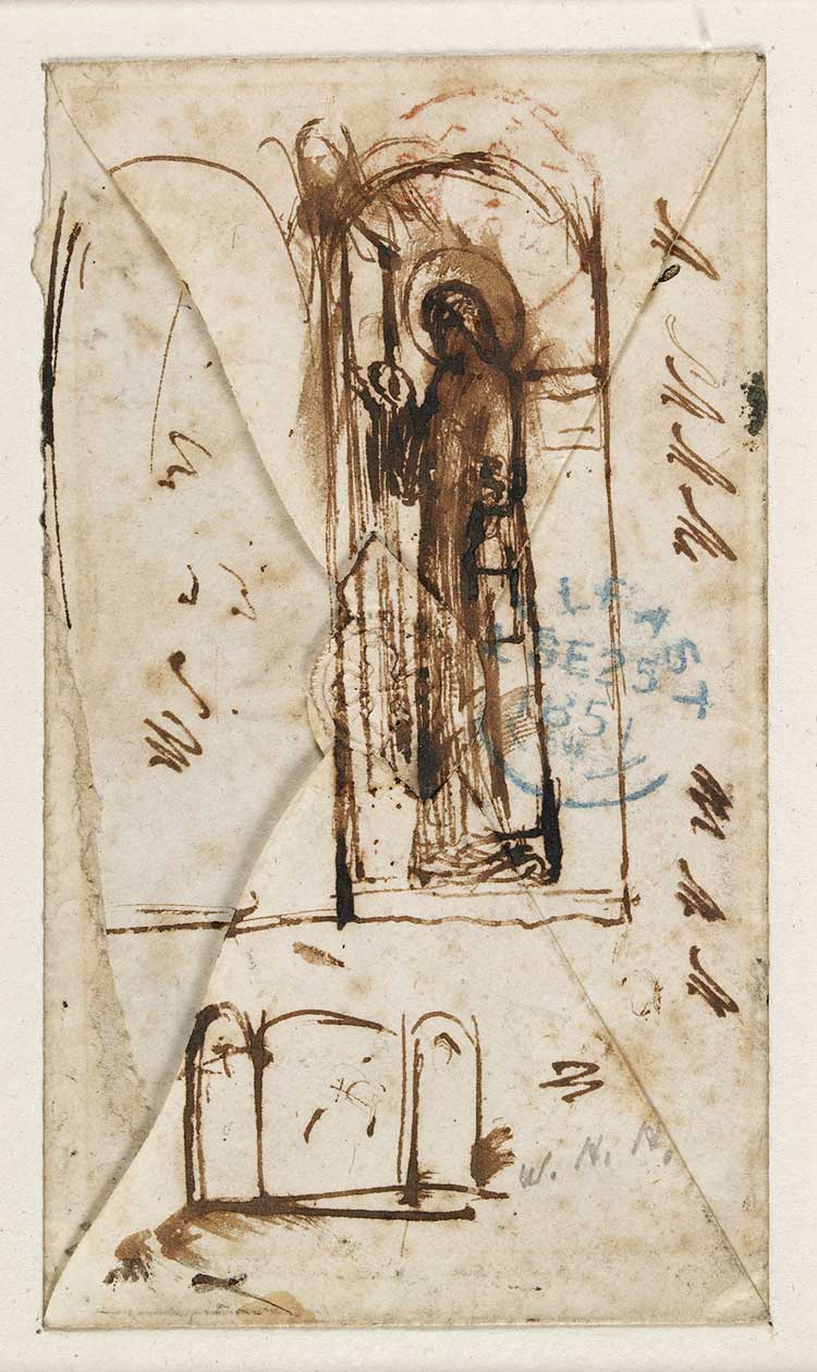 William Holman Hunt. Study for ‘The Light of the World’, 1851. Pen and brown ink on discoloured white paper (an envelope), 12.5 × 7.2 cm. Ashmolean Museum, University of Oxford.