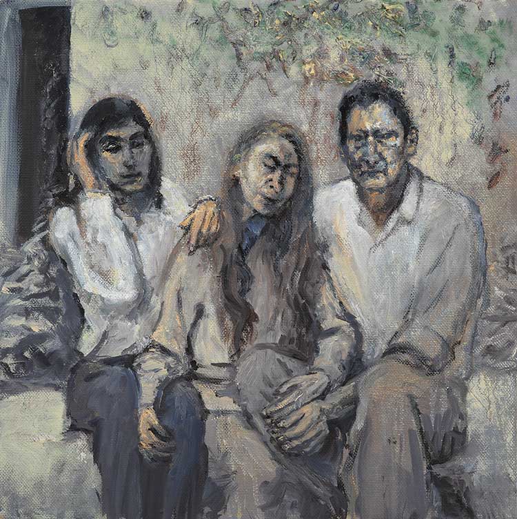 Celia Paul. Looking Back: Bella, Me, Lucian, 2020. Oil on canvas, 51.4 x 51 x 3 cm (20 1/4 x 20 1/8 x 1 1/8 in). © Celia Paul. Courtesy the artist and Victoria Miro.