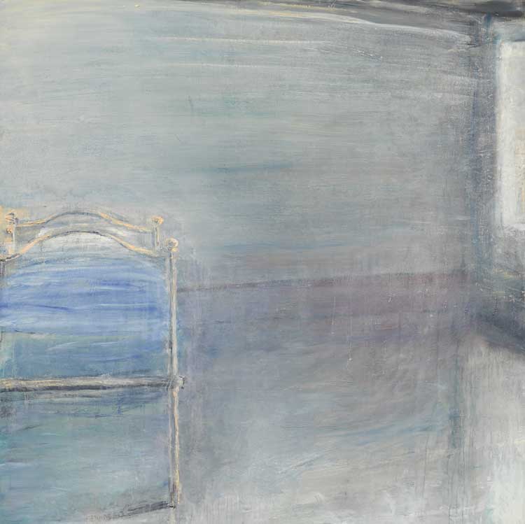 Celia Paul. Blue Bed, 2021. Oil on canvas, 147.6 x 148 cm (58 11/100 x 58 27/100 in). © Celia Paul. Courtesy the artist and Victoria Miro.