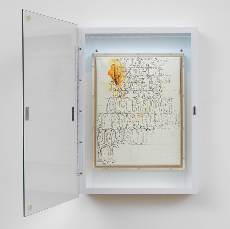 Pope.L, Beached, 2020. Ball-point pen, graphite, charcoal and acrylic on gridded canvas in plexiglass box in mirrored medicine cabinet with LED light, hardware and bumpers, 55.9 x 40.6 x 10.2 cm. © Pope.L. Courtesy: the artist, Modern Art, London and Mitchell-Innes & Nash, New York, USA. Photo: Robert Glowacki. 