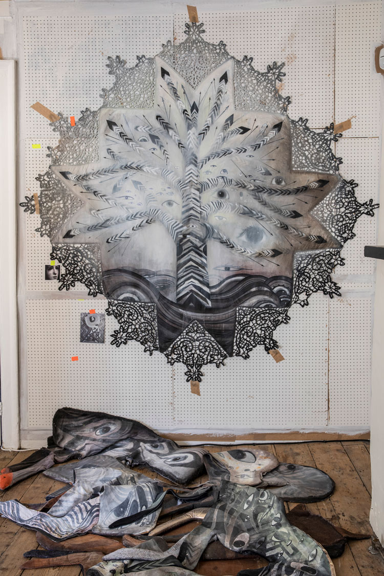 Cathie Pilkington. Cosmic Tree, 2021. Cotton, lace, acrylic paint and felt-tip, 208 x 208 cm (81 7/8 x 81 7/8 in). Image courtesy Karsten Schubert, London.
