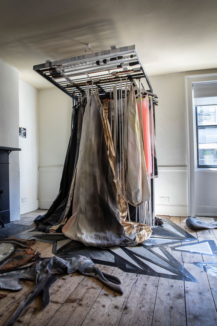 Cathie Pilkington. The Deposition, 2021. Wood, linen, velvet, paint, felt-tip, mixed fabrics, tarpaulin and gaffer tape
255 x 205 cm (100 3/8 x 80 3/4 in approx). Image courtesy Karsten Schubert, London.