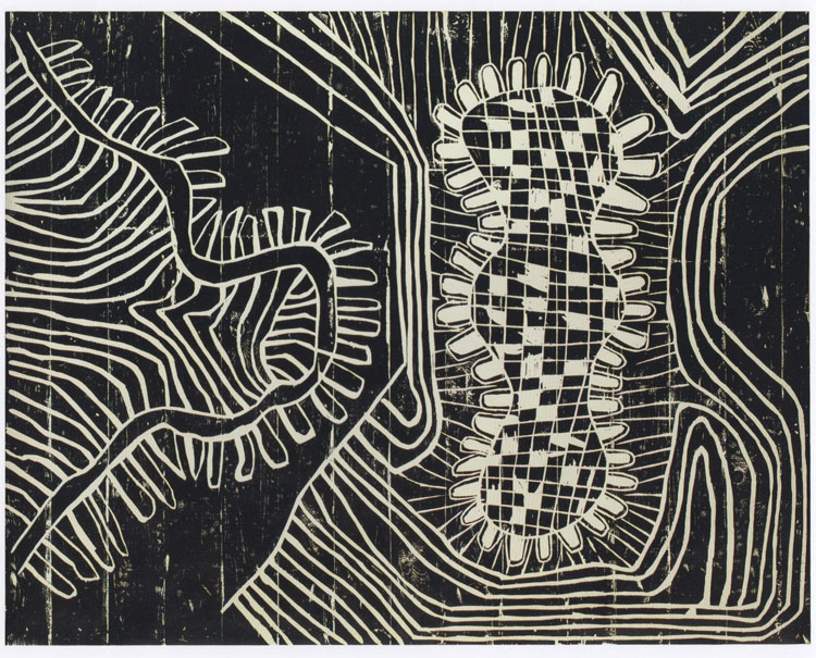 Nicholas Pope. Black Landscape (Mr and Mrs Pope Spiked and Holed), 1985. Woodcut print on paper, 163 x 130 cm. © The Artist, Courtesy: New Art Centre, Wiltshire & The Sunday Painter.