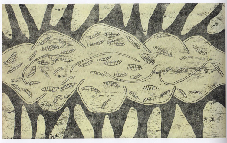 Nicholas Pope. White on Black (Myself In Difficulty), 1985. Woodcut print on paper, 112 x 180 cm. © The Artist, Courtesy: New Art Centre, Wiltshire & The Sunday Painter.