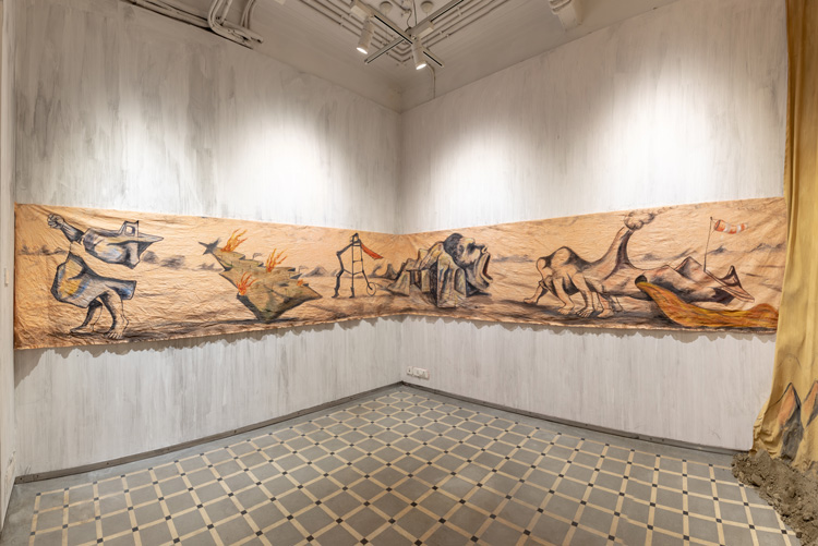 Prabhakar Pachpute. A march against the lie (IB), 2020. Acrylic and pencil on canvas, 35 x 308 in. Photo: Experimenter, Kolkata. Courtesy the artist and Experimenter, Kolkata.