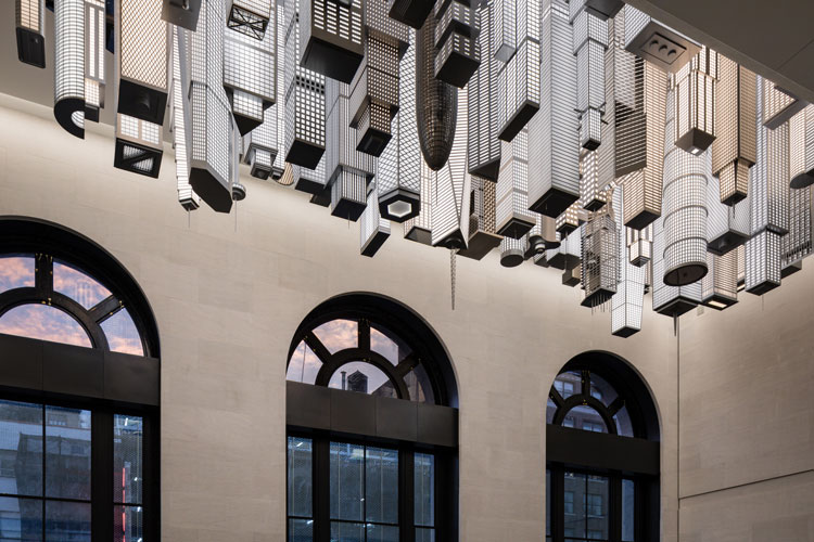 Elmgreen & Dragset, The Hive, 2020. Stainless steel, aluminum, polycarbonate, LED lights, and lacquer. Commissioned by Empire State Development in partnership with Public Art Fund for Moynihan Train Hall. Photo: Nicholas Knight, courtesy Empire State Development and Public Art Fund, NY.