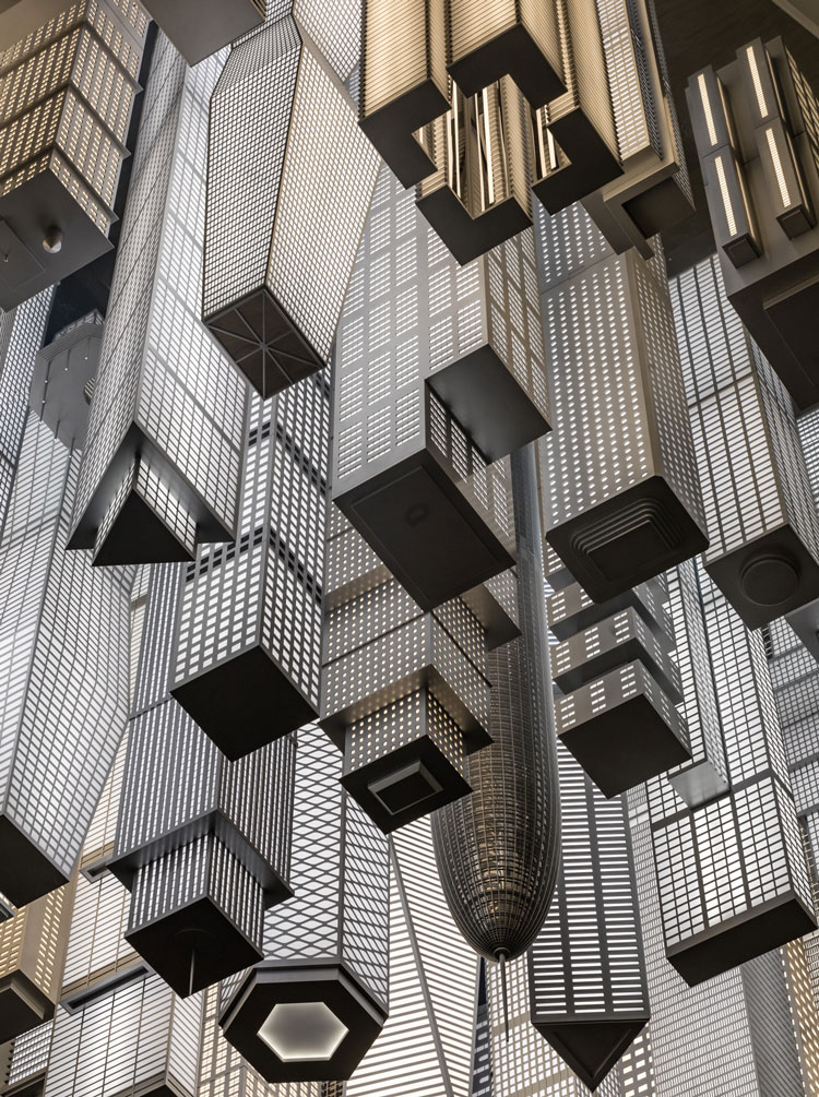 Elmgreen & Dragset, The Hive, 2020. Stainless steel, aluminum, polycarbonate, LED lights, and lacquer. Commissioned by Empire State Development in partnership with Public Art Fund for Moynihan Train Hall. Photo: Nicholas Knight, courtesy Empire State Development and Public Art Fund, NY.