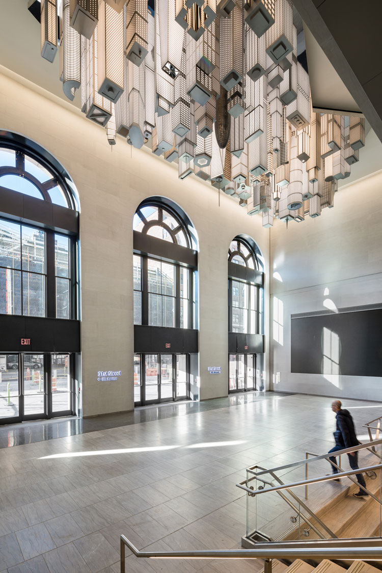 Elmgreen & Dragset, The Hive, 2020. Stainless steel, aluminum, polycarbonate, LED lights, and lacquer. Commissioned by Empire State Development in partnership with Public Art Fund for Moynihan Train Hall. Photo: Nicholas Knight, courtesy Empire State Development and Public Art Fund, NY.
